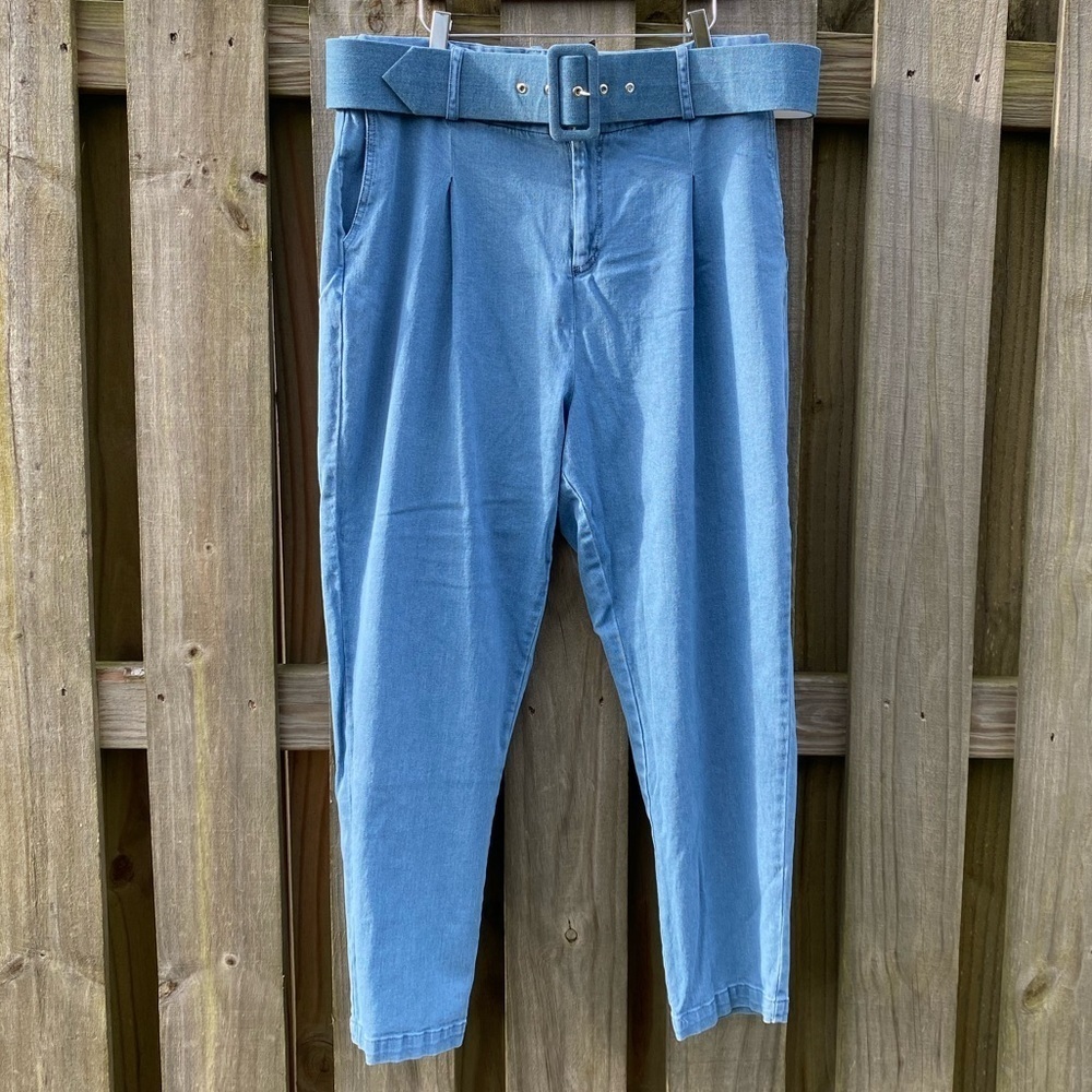 Eloquii Belted Pleat Front High Waist Skinny Denim Trouser